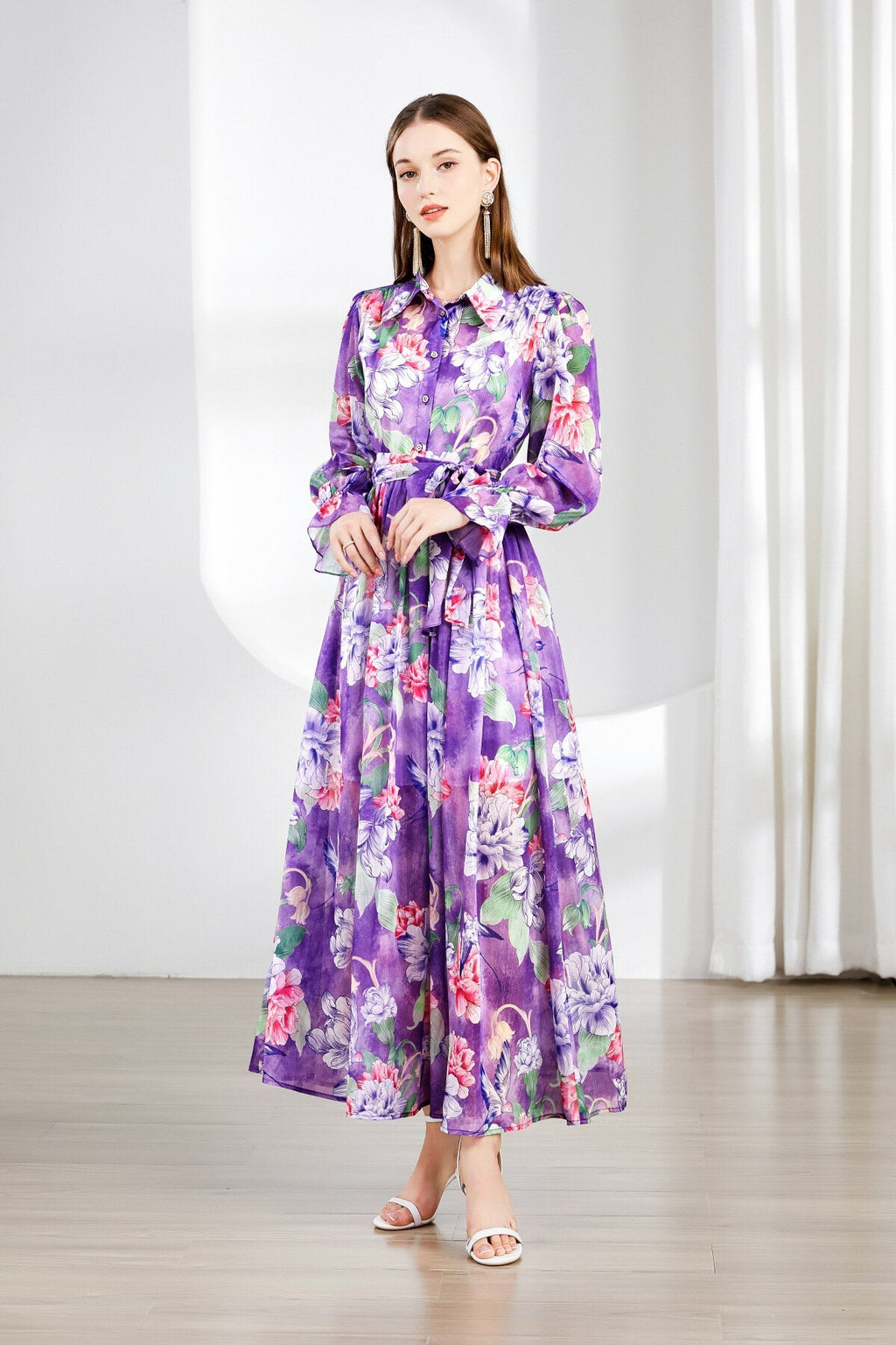 Fragrant Lavender Ruched Waist Ruffle Cuff Long Dress