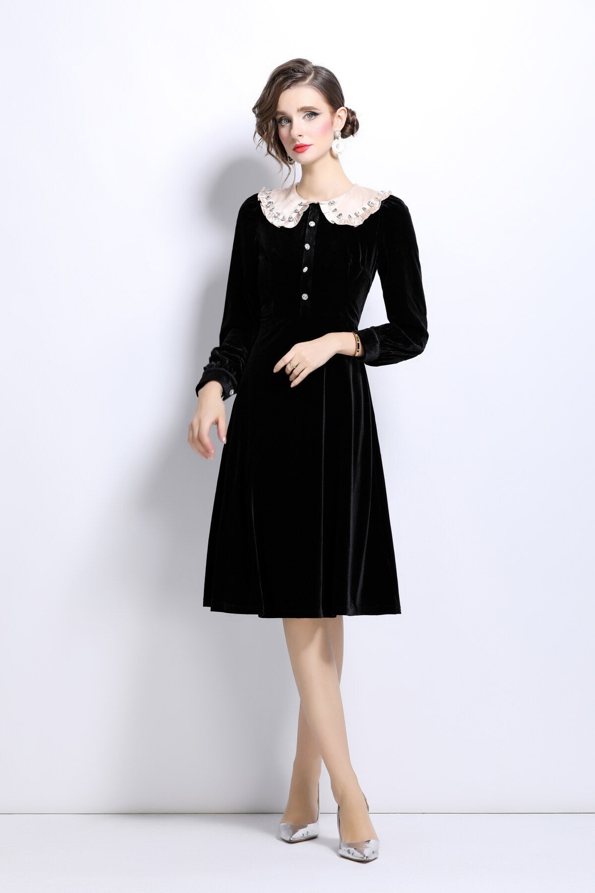 French Lace Collar Knee Length Black Velvet Dress