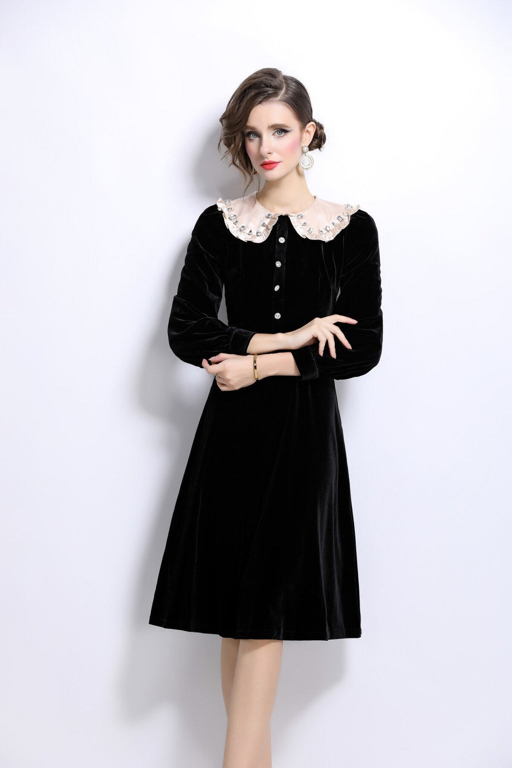 French Lace Collar Knee Length Black Velvet Dress