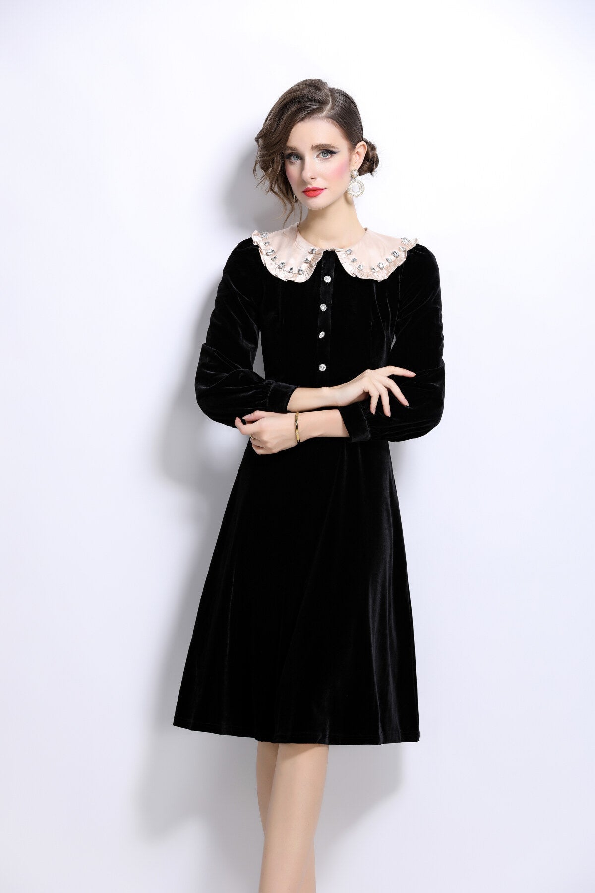 French Lace Collar Knee Length Black Velvet Dress