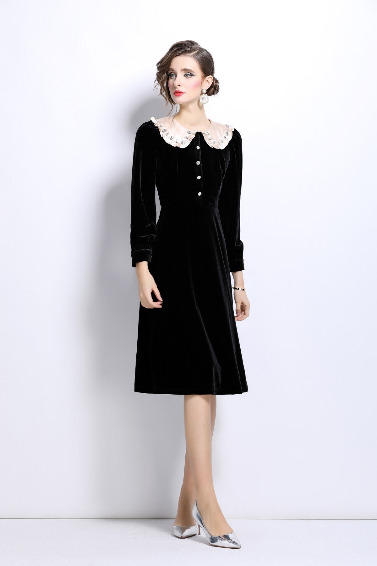 French Lace Collar Knee Length Black Velvet Dress