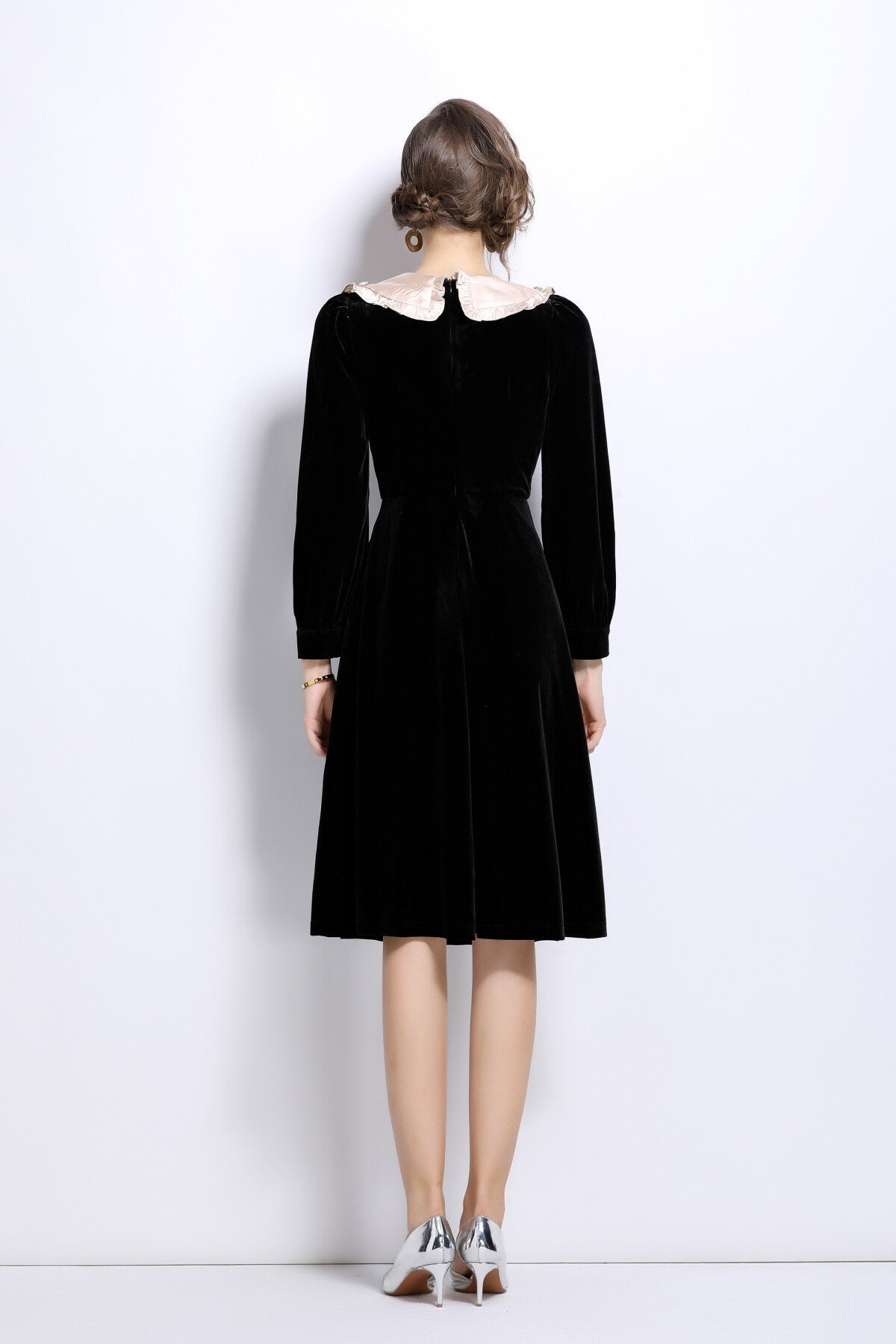 French Lace Collar Knee Length Black Velvet Dress