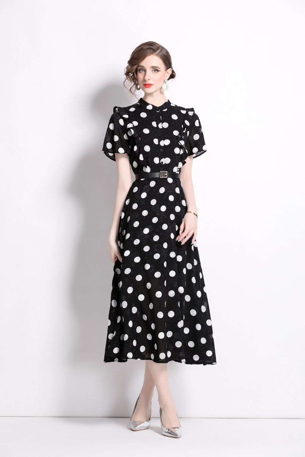 French Polka Dot Print Stand Collar Midi A Line Dress