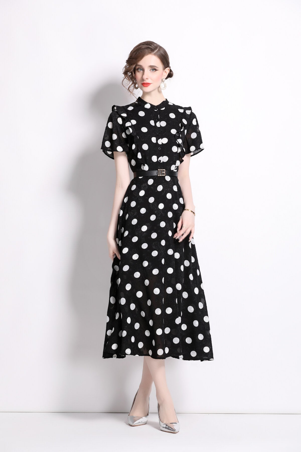 French Polka Dot Print Stand Collar Midi A Line Dress