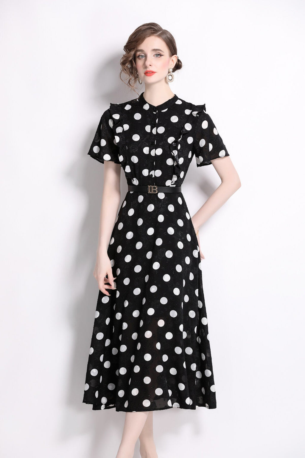 French Polka Dot Print Stand Collar Midi A Line Dress
