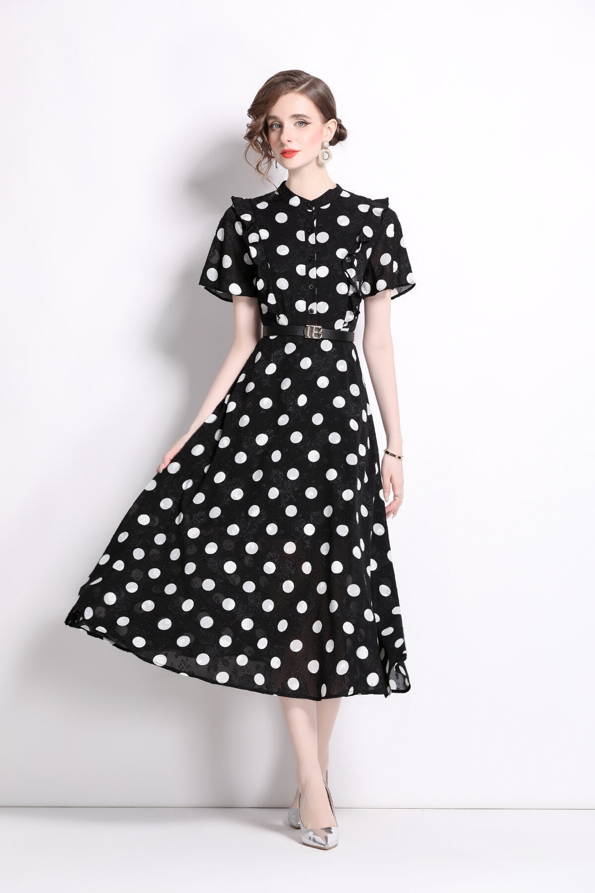 French Polka Dot Print Stand Collar Midi A Line Dress