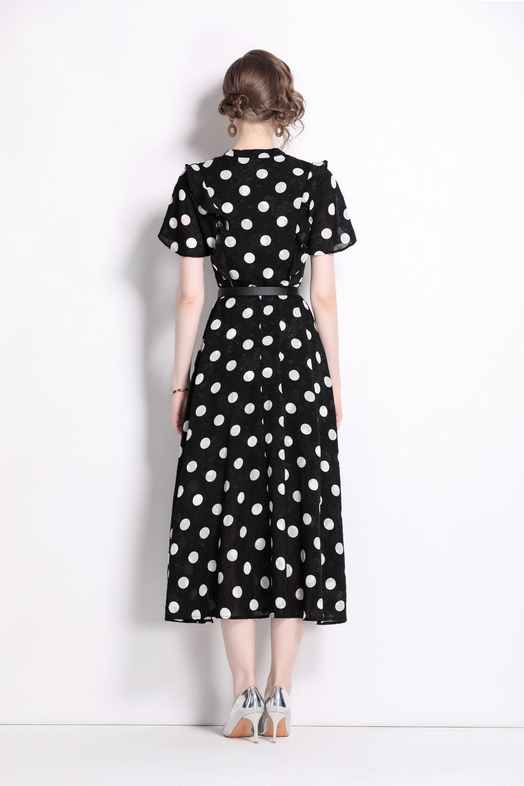 French Polka Dot Print Stand Collar Midi A Line Dress