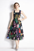 French Vintage Floral Black High Waist Spaghetti Strap Dress