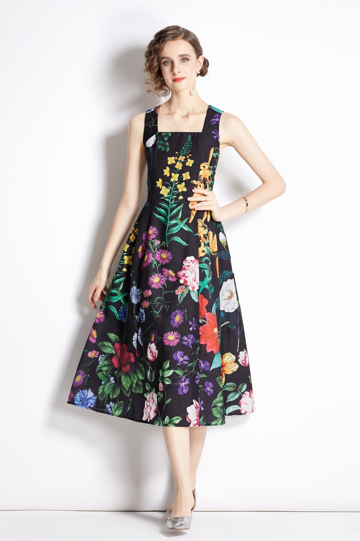 French Vintage Floral Black High Waist Spaghetti Strap Dress