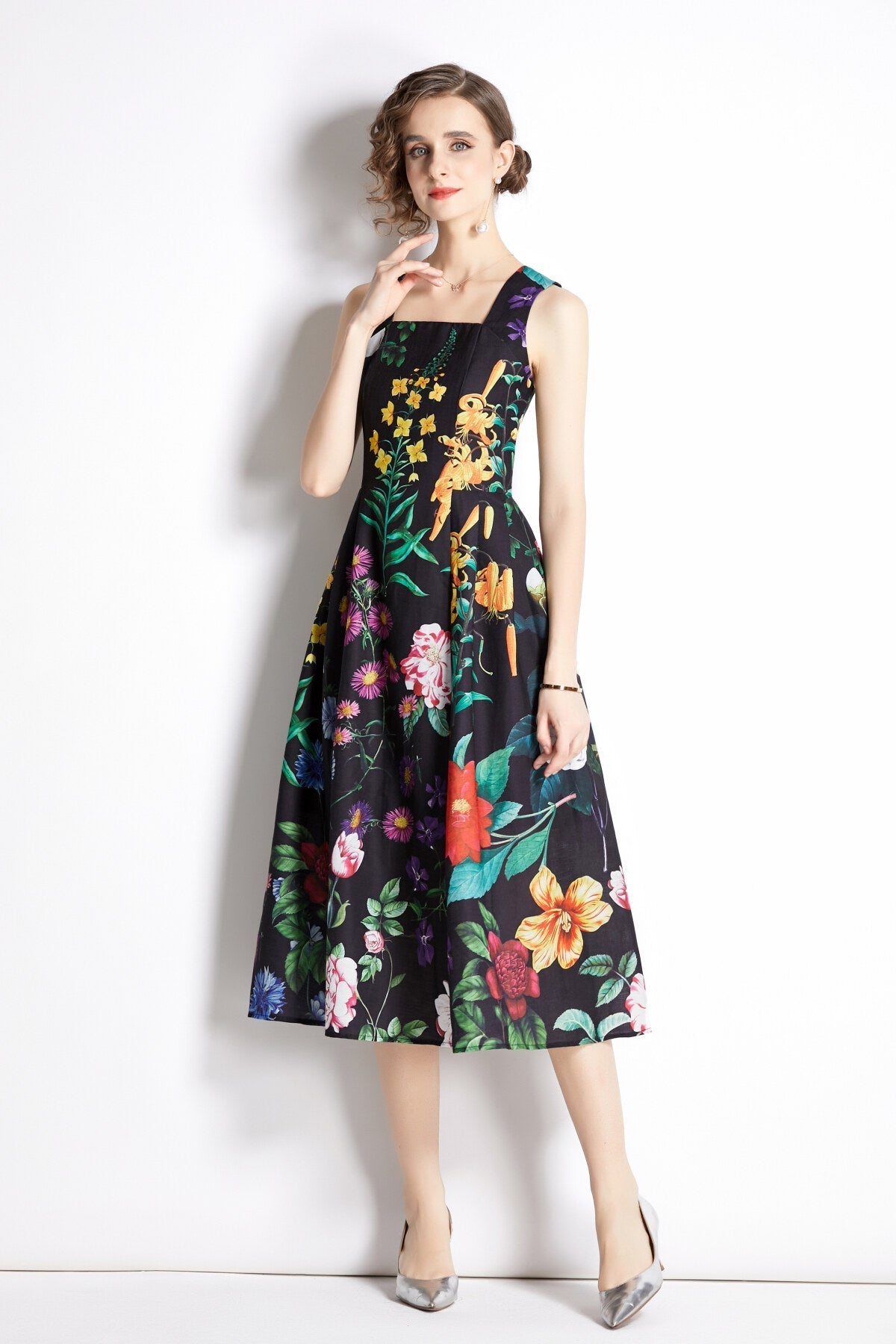 French Vintage Floral Black High Waist Spaghetti Strap Dress