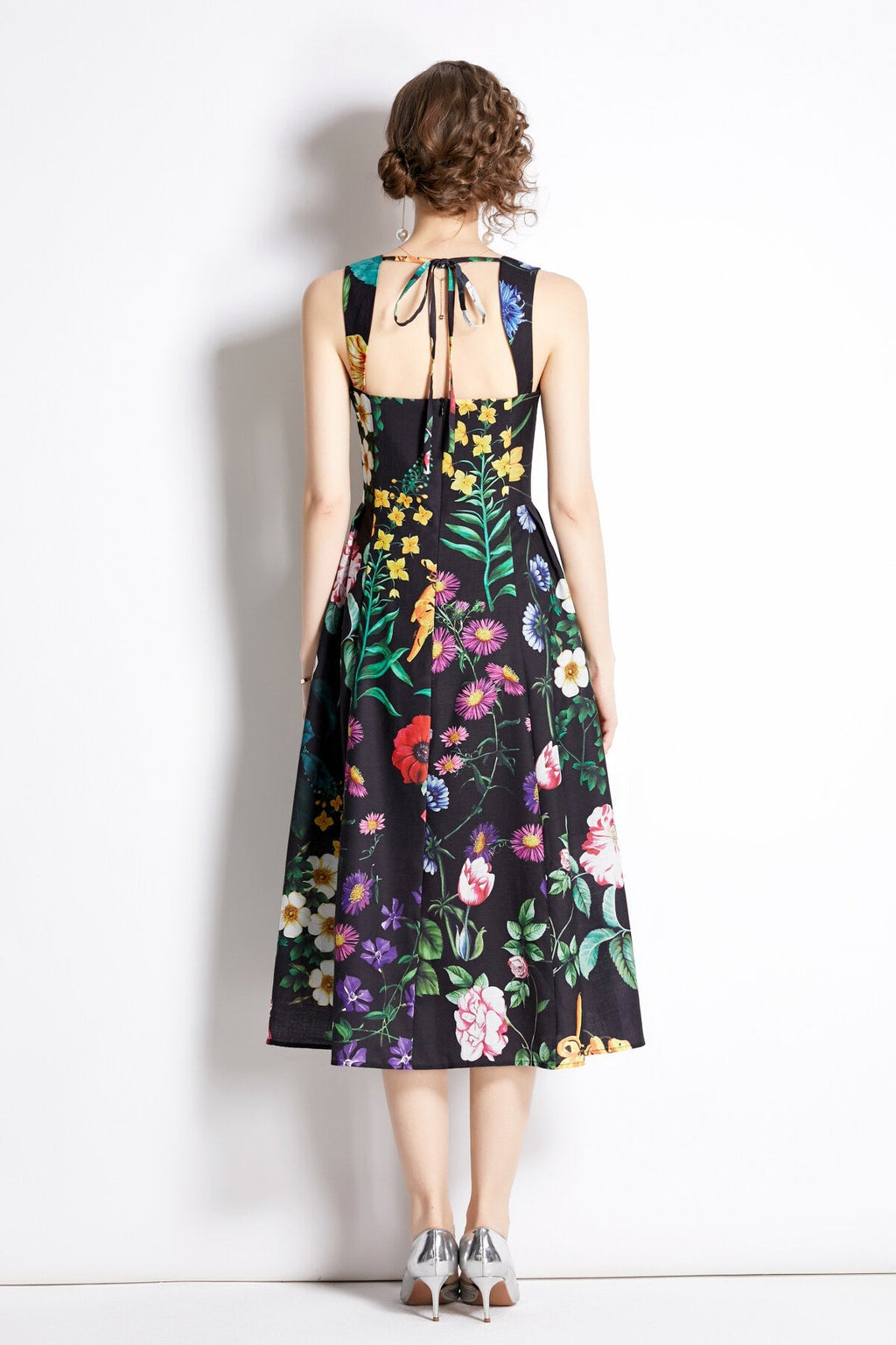 French Vintage Floral Black High Waist Spaghetti Strap Dress
