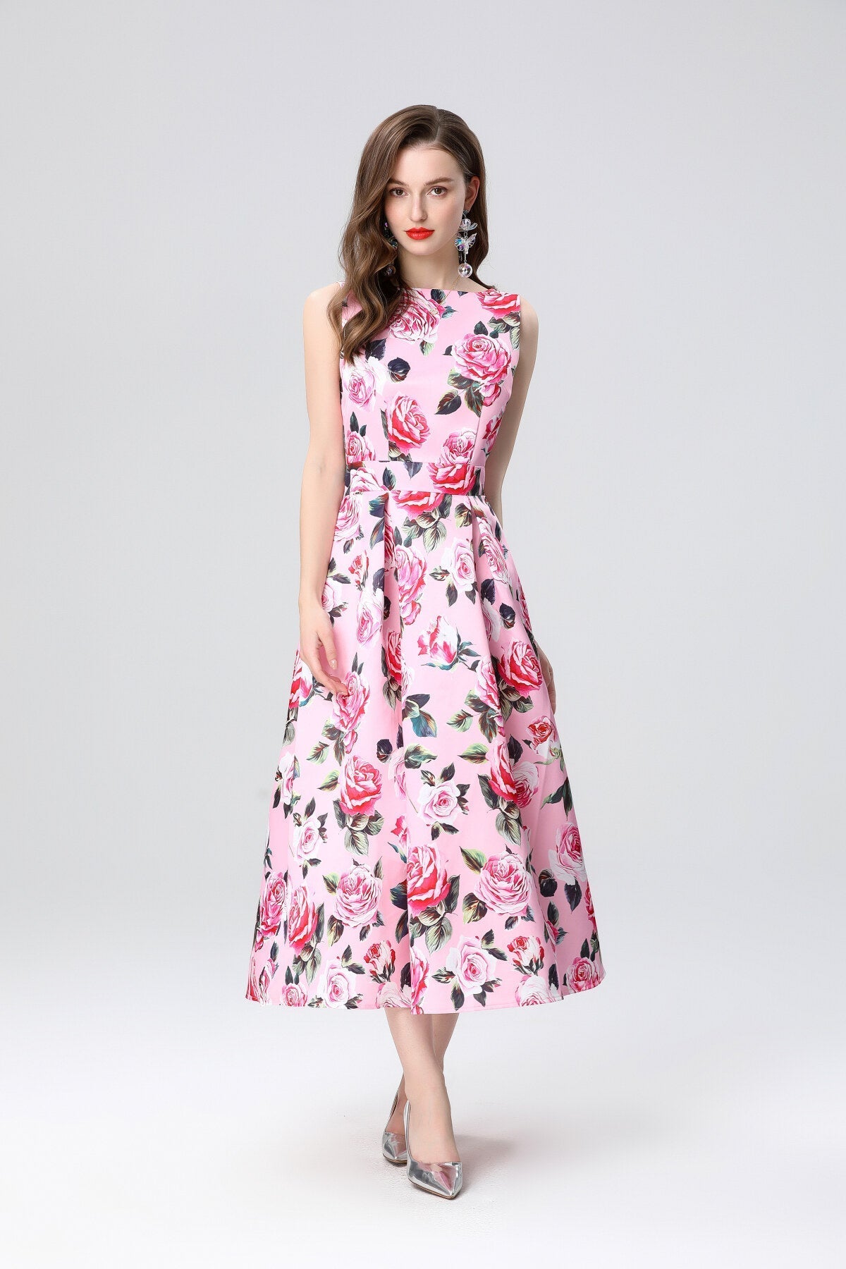 Garden Floral Structured Sleeveless High Waisted A Line Dress