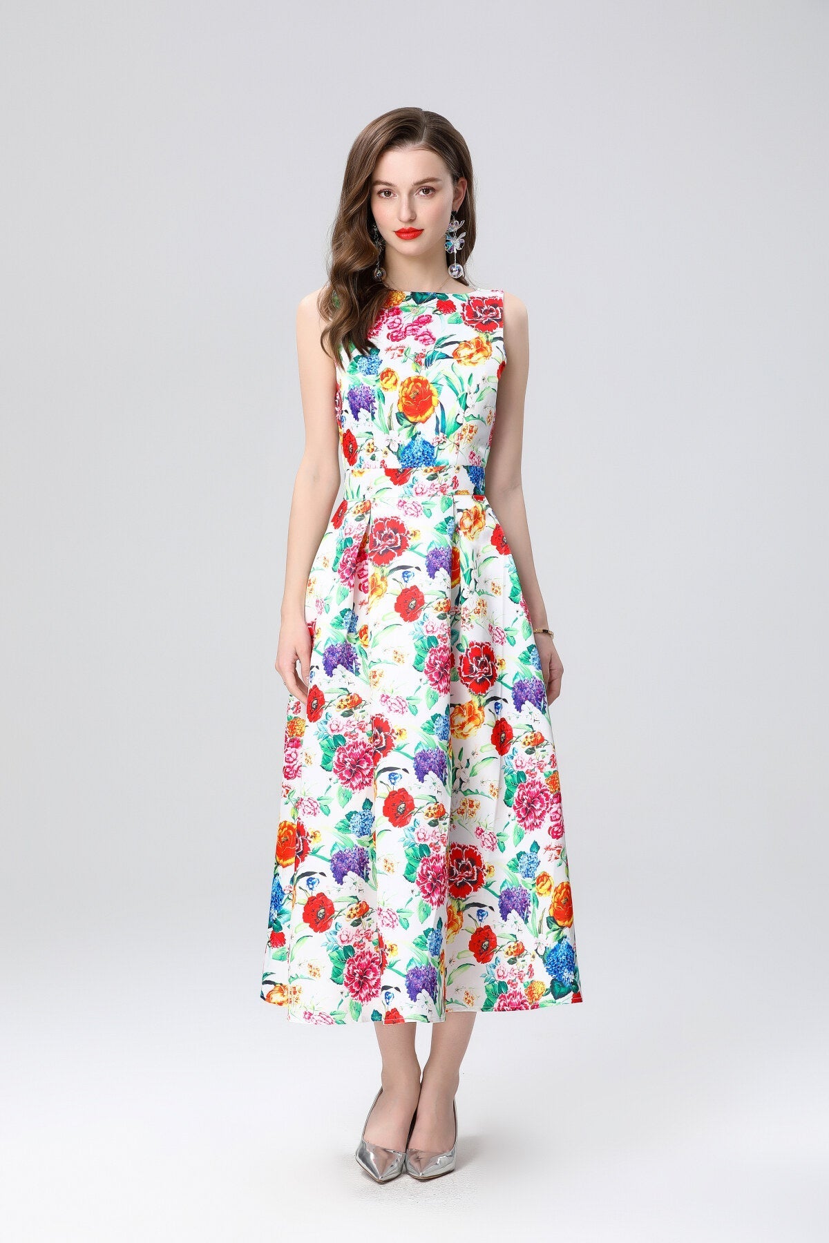 Garden Floral Structured Sleeveless High Waisted A Line Dress