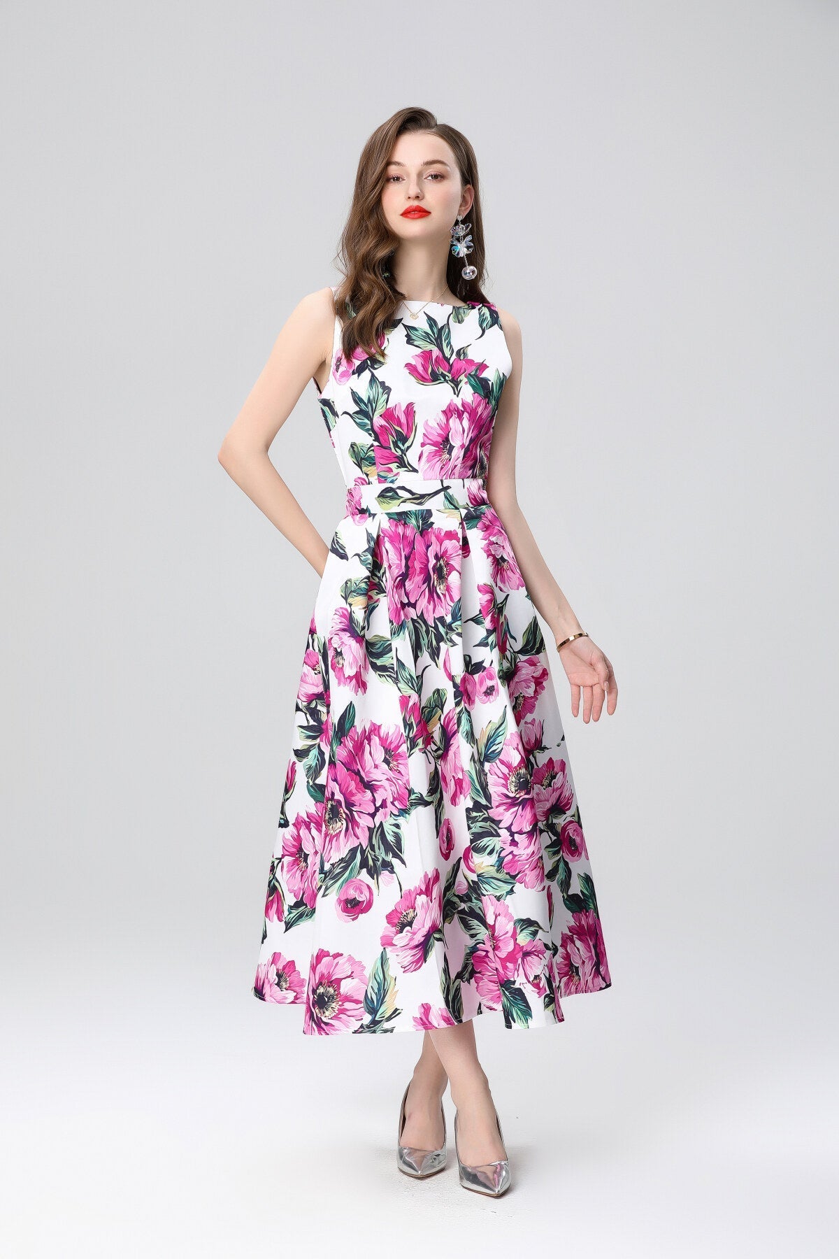 Garden Floral Structured Sleeveless High Waisted A Line Dress