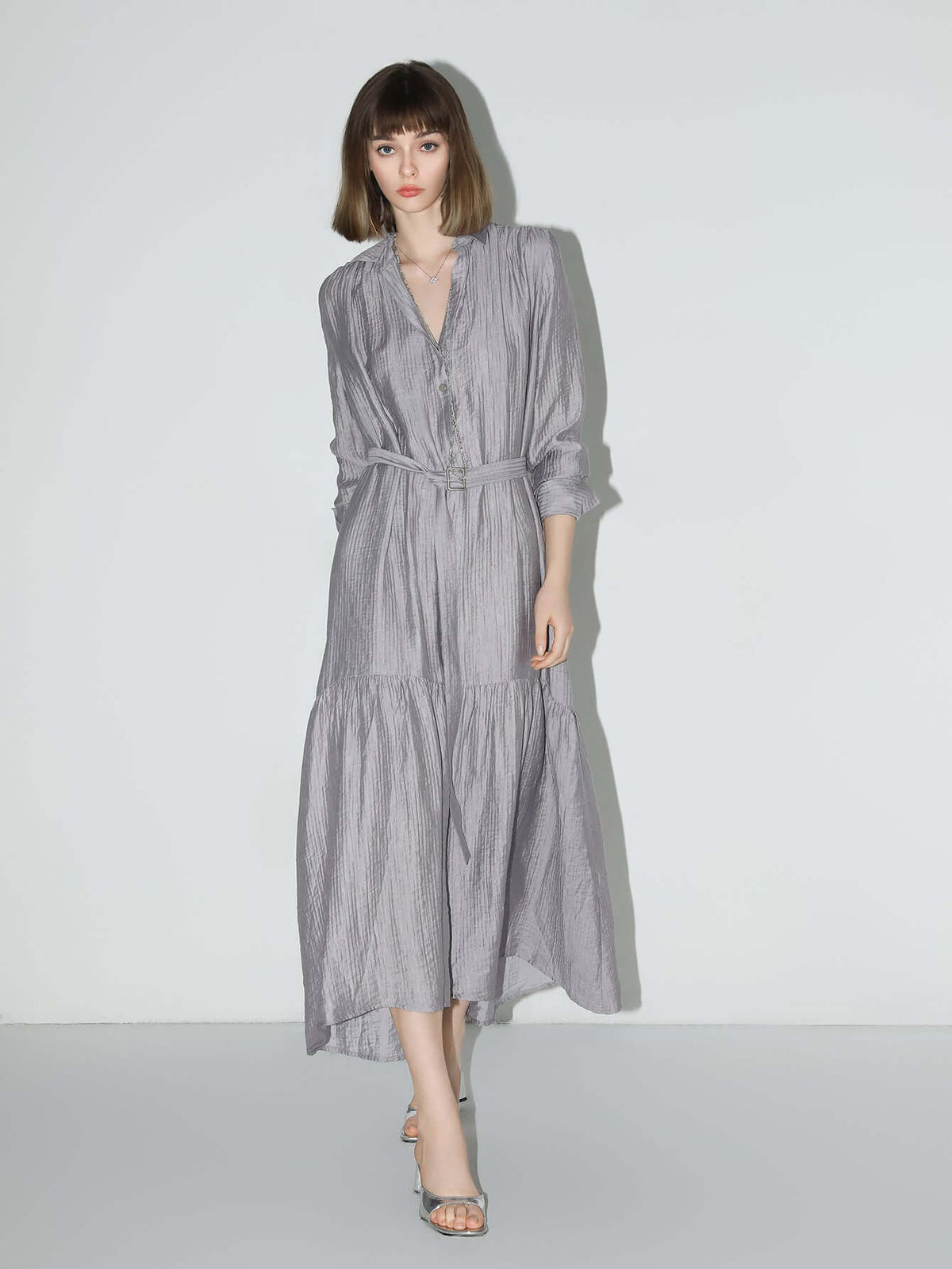 Glam Purple Pleated Long-Sleeve Shirt Dress