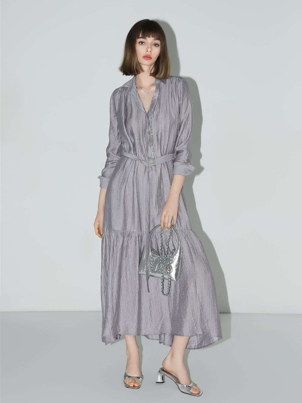 Glam Purple Pleated Long-Sleeve Shirt Dress