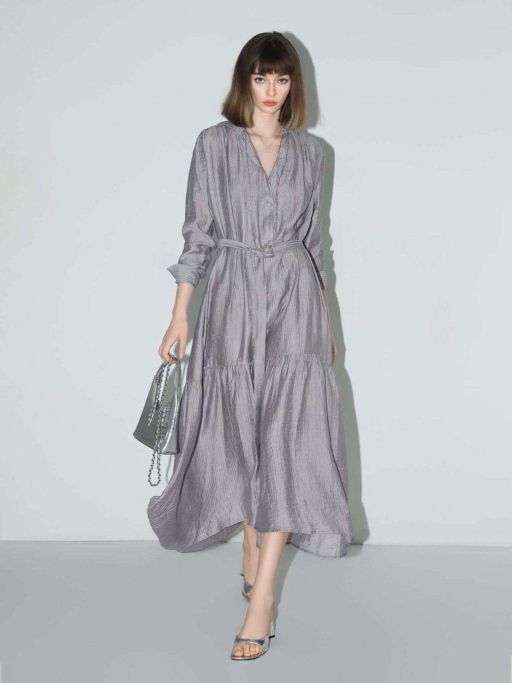 Glam Purple Pleated Long-Sleeve Shirt Dress