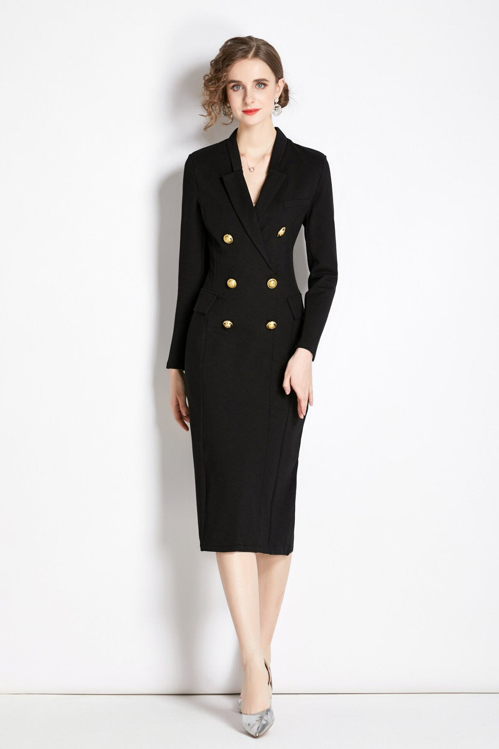 Gold Double Breasted Black Midi Blazer Dress