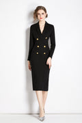 Gold Double Breasted Black Midi Blazer Dress