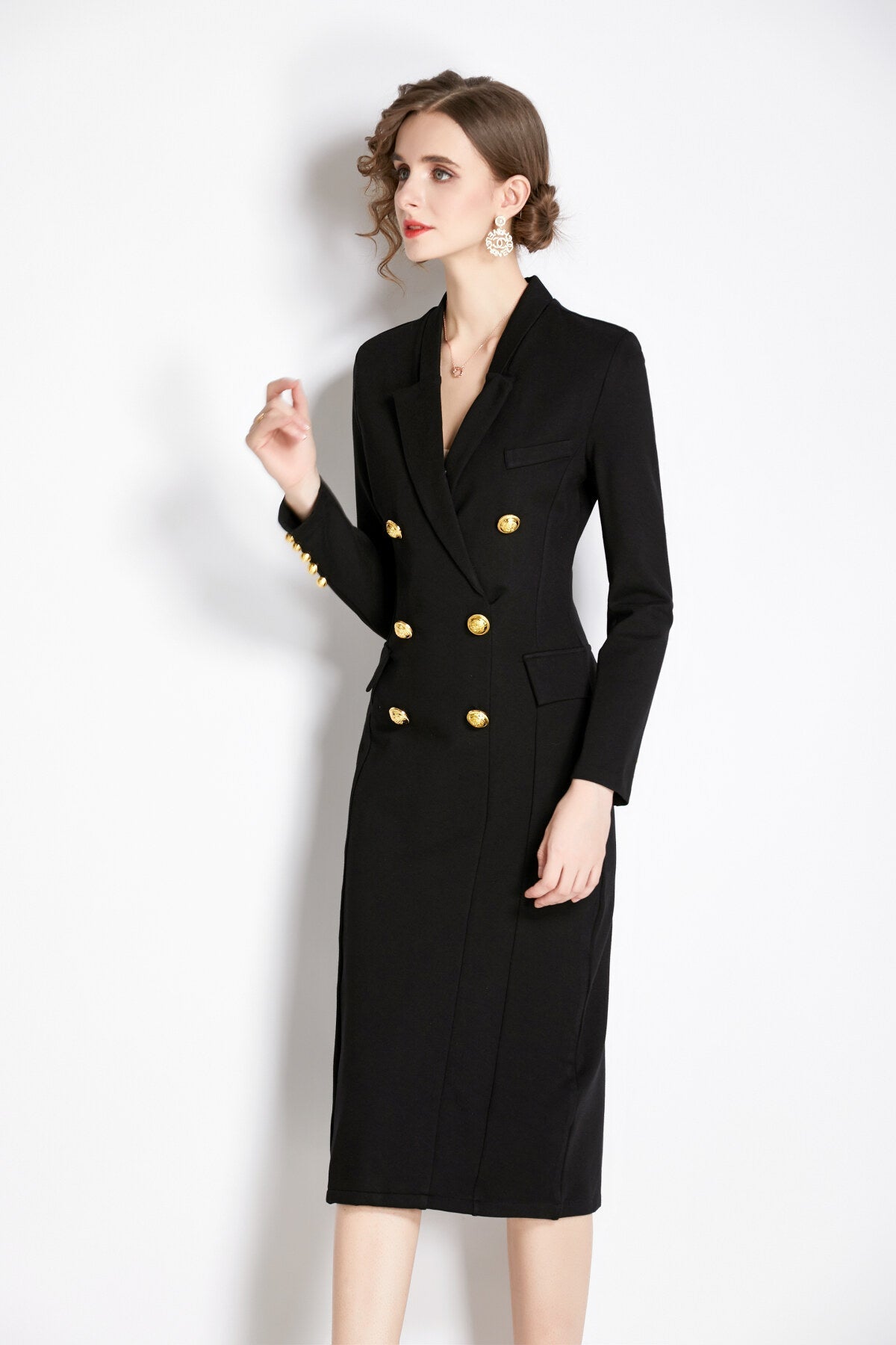 Gold Double Breasted Black Midi Blazer Dress