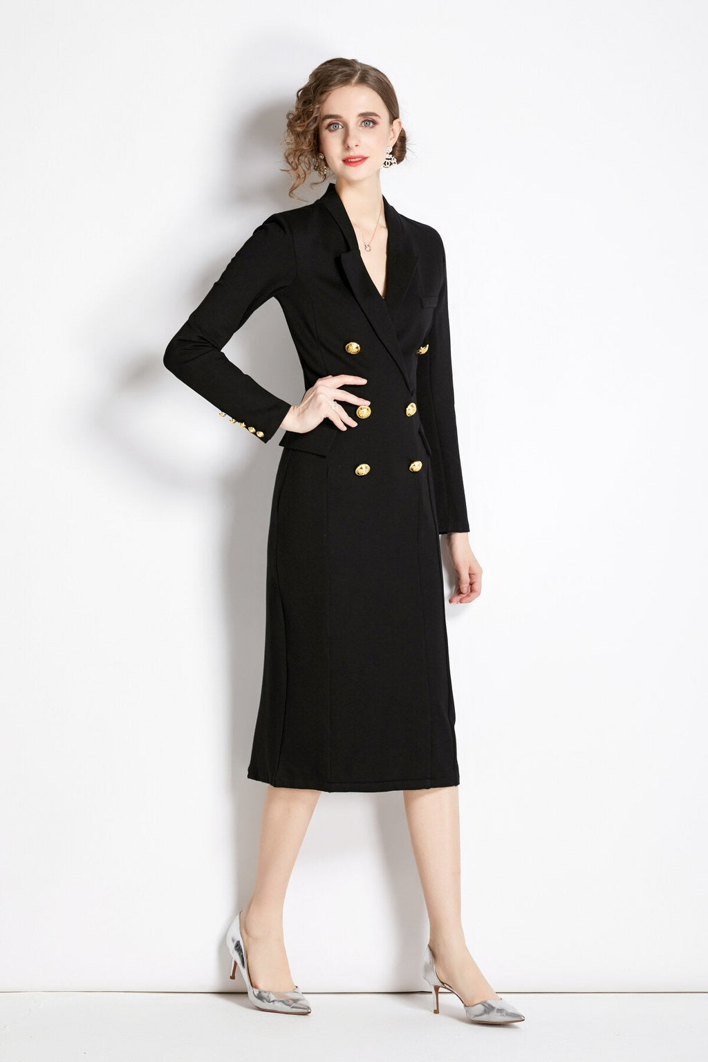 Gold Double Breasted Black Midi Blazer Dress