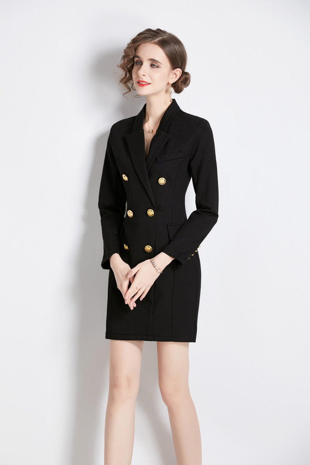 Gold Double Breasted Little Black Blazer Dress