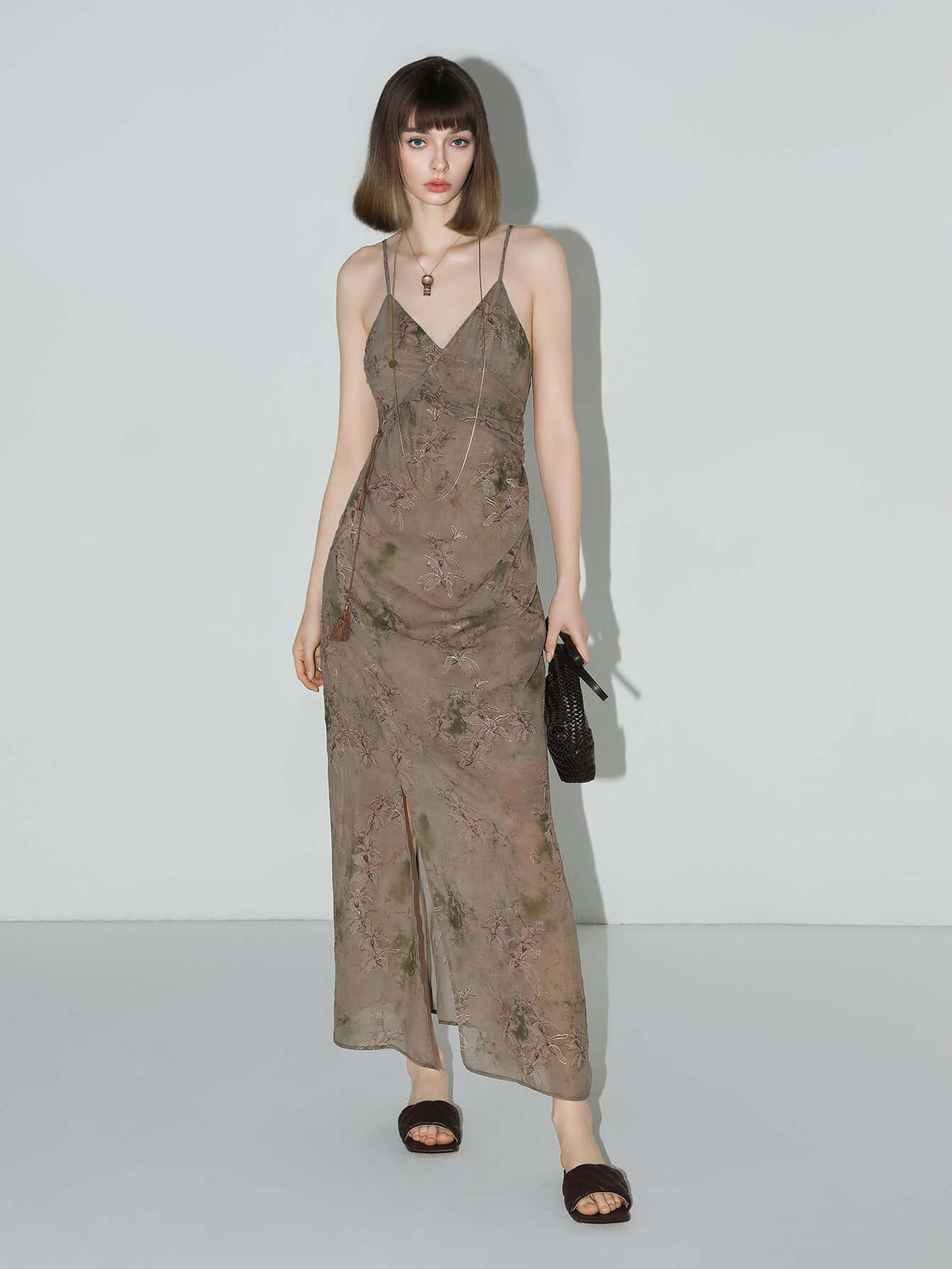 Golden Brown Tea Steep Floral Chiffon Cami Dress