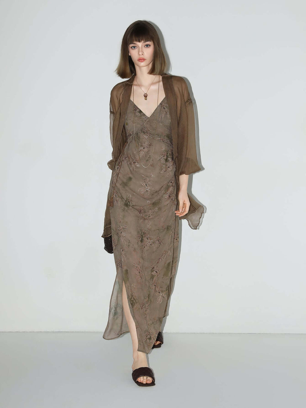 Golden Brown Tea Steep Floral Chiffon Cami Dress