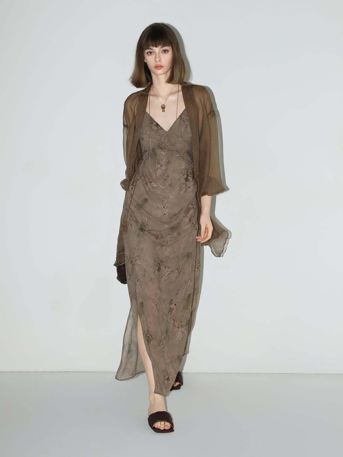 Golden Brown Tea Steep Floral Chiffon Cami Dress