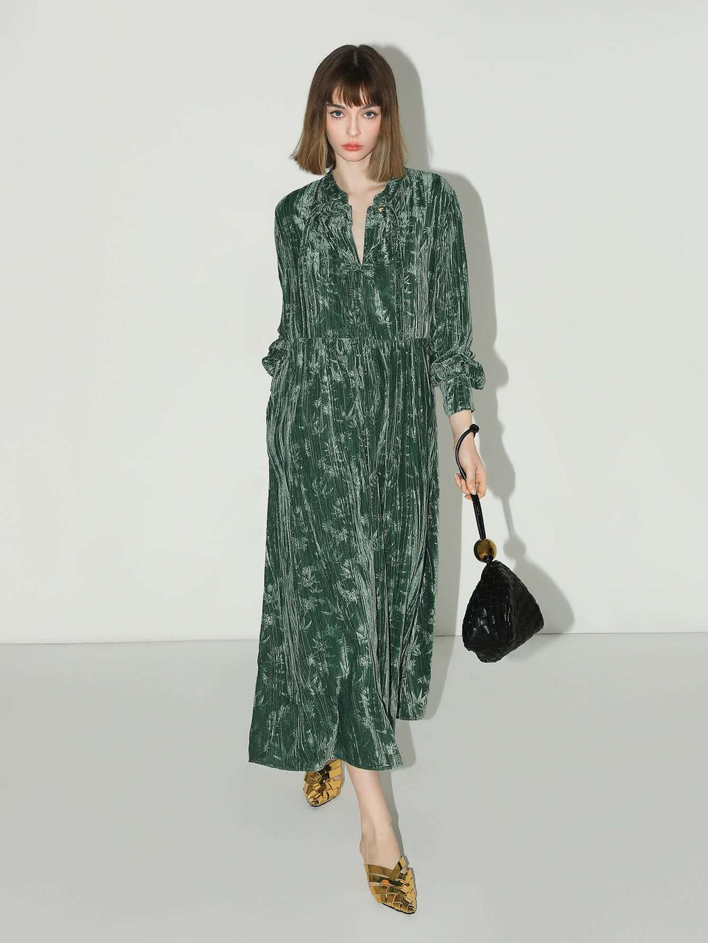 Green Bamboo Leaf and Knotted Button Dress