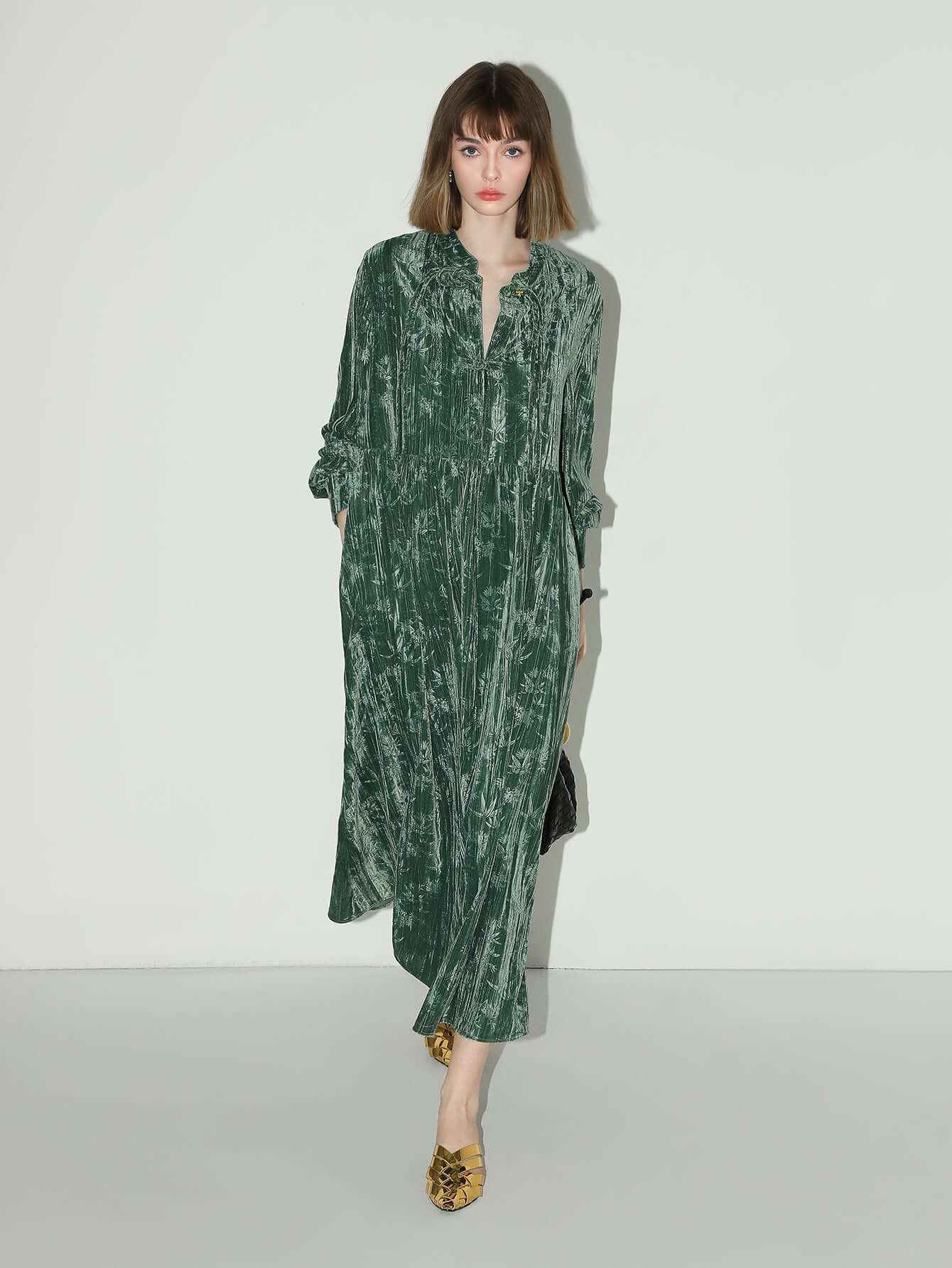 Green Bamboo Leaf and Knotted Button Dress