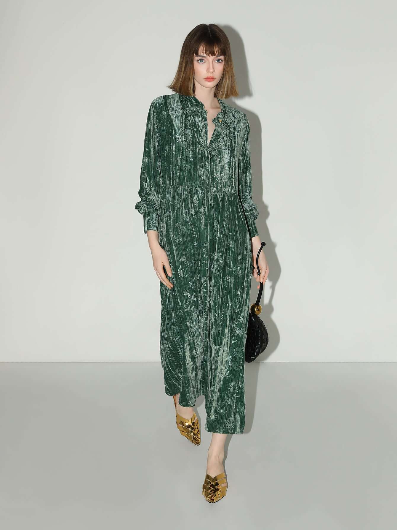 Green Bamboo Leaf and Knotted Button Dress