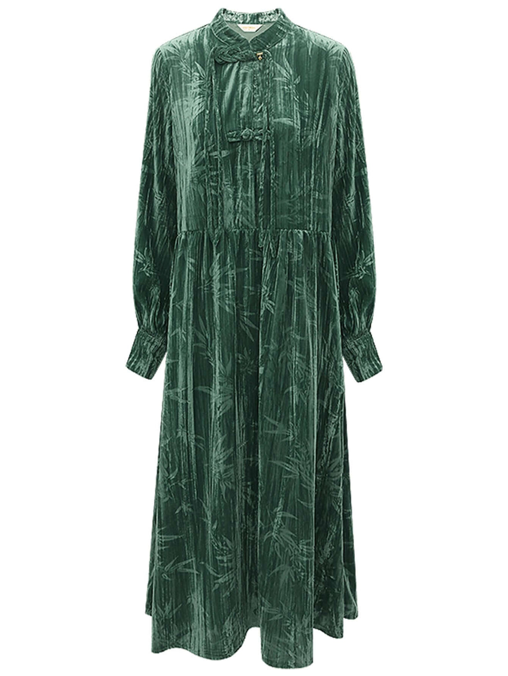 Green Bamboo Leaf and Knotted Button Dress