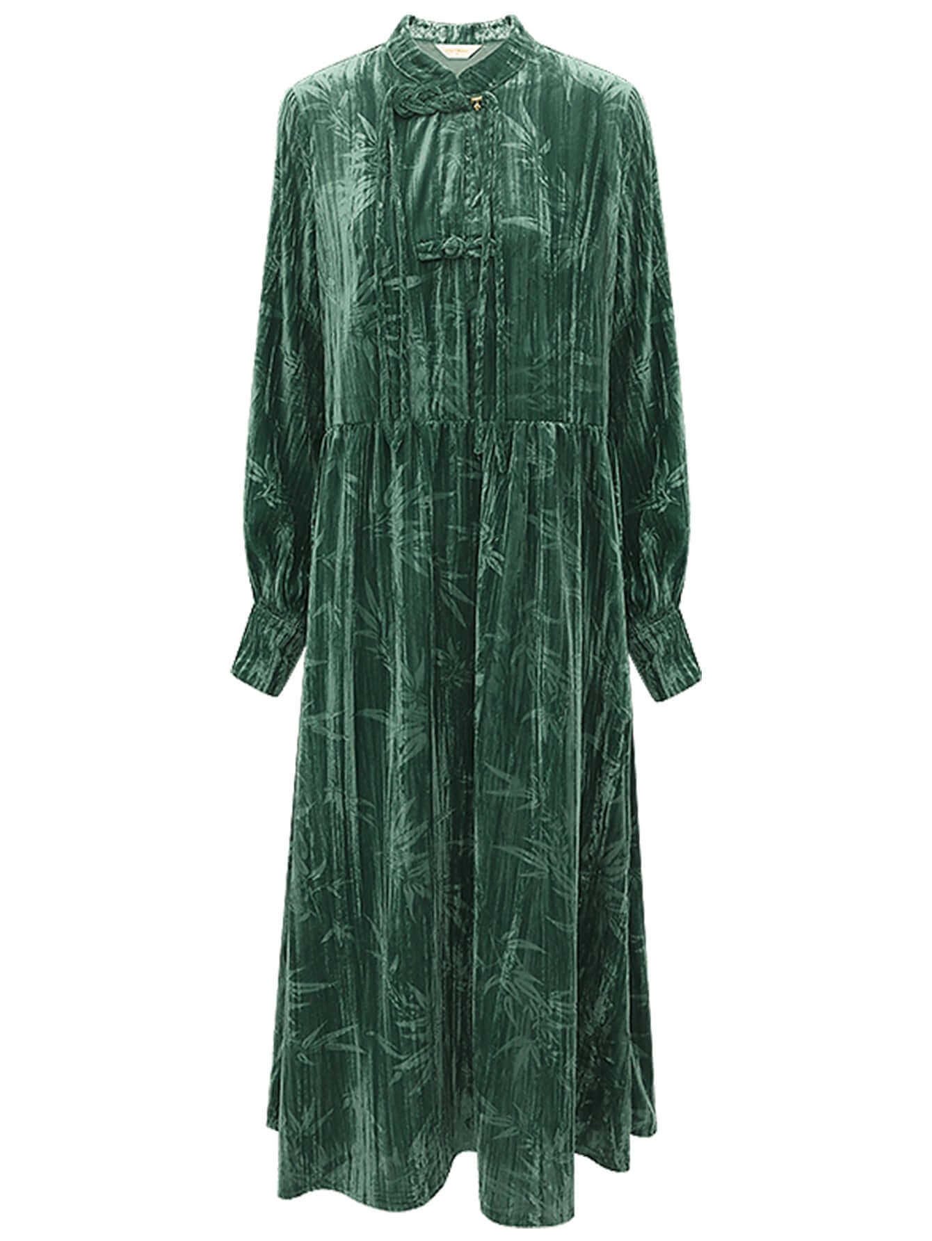 Green Bamboo Leaf and Knotted Button Dress