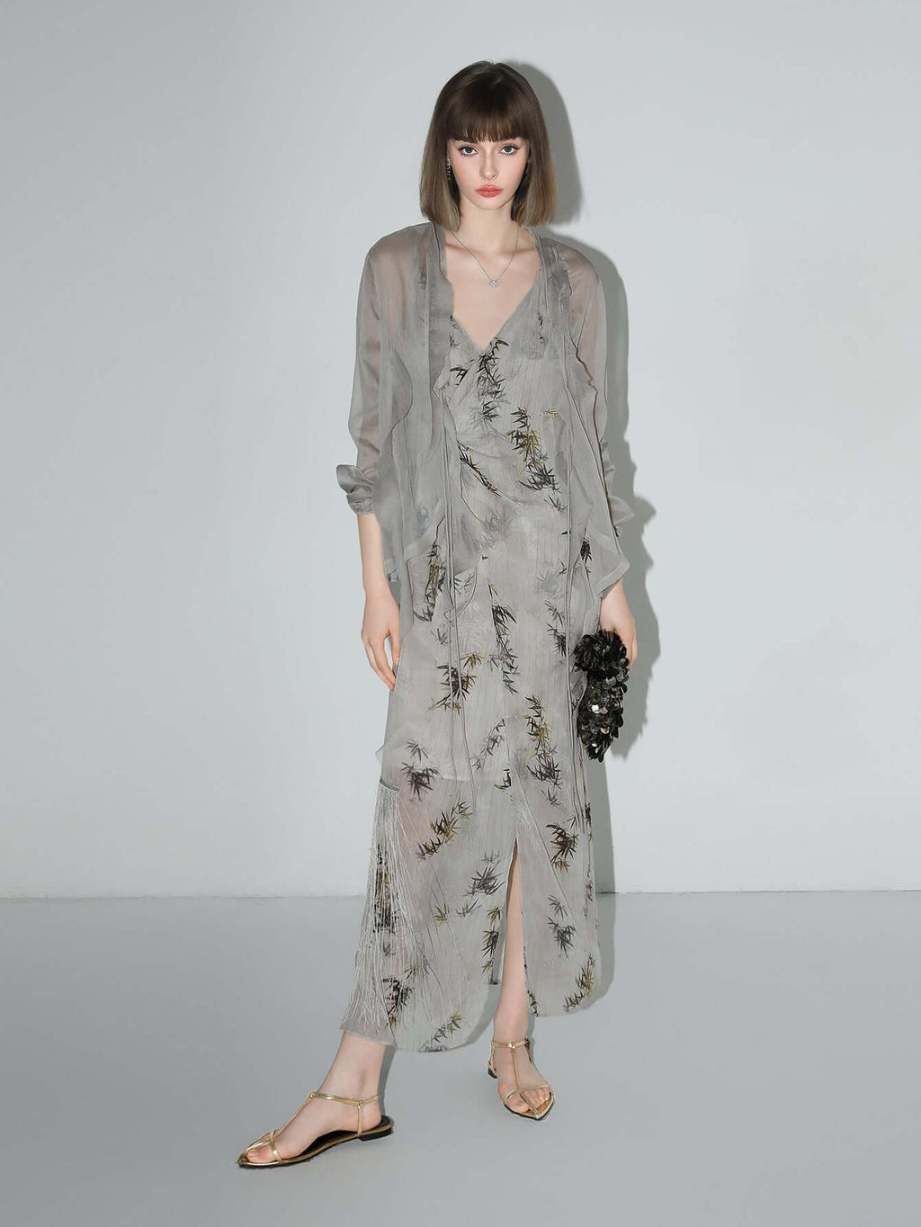 Grey Bamboo Foliage Asymmetrical Wrap Dress
