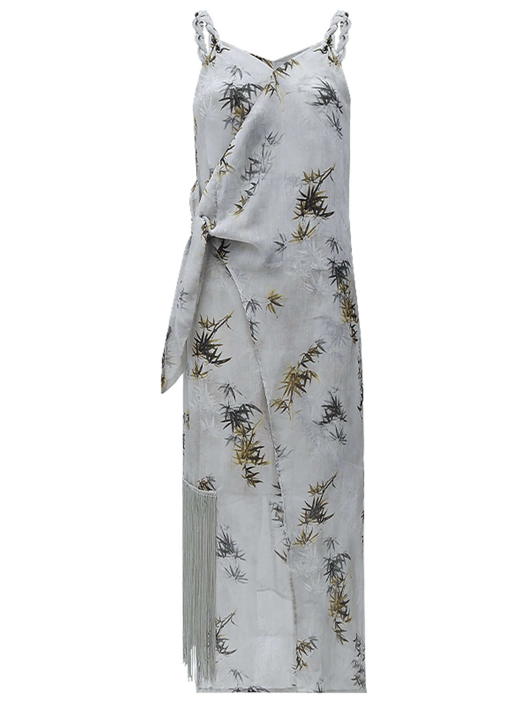 Grey Bamboo Foliage Asymmetrical Wrap Dress