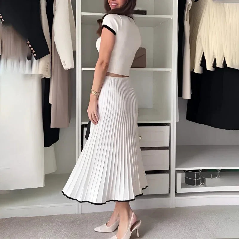 Knitted Contrast Color Slim Fit Short Top High Waist Skirt Clothing Set
