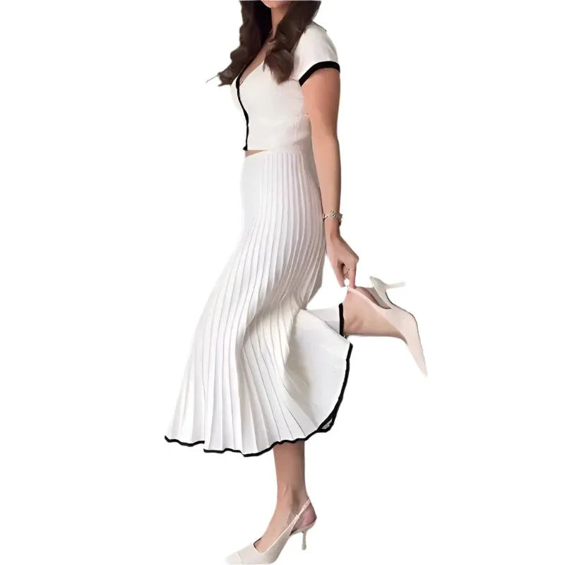 Knitted Contrast Color Slim Fit Short Top High Waist Skirt Clothing Set