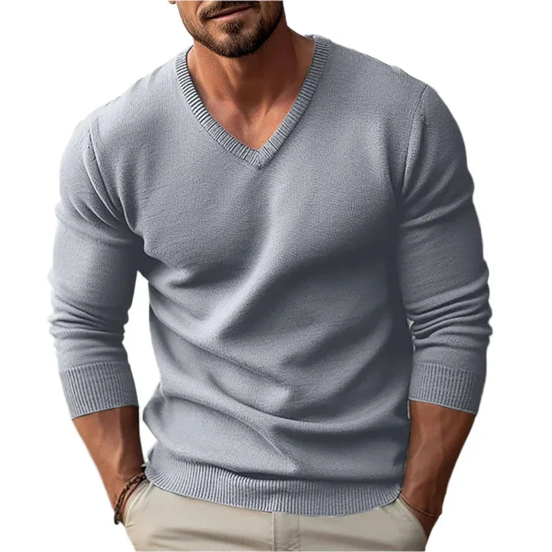 Knitted V-Neck Slim Fit Long Sleeve Sweater For Men