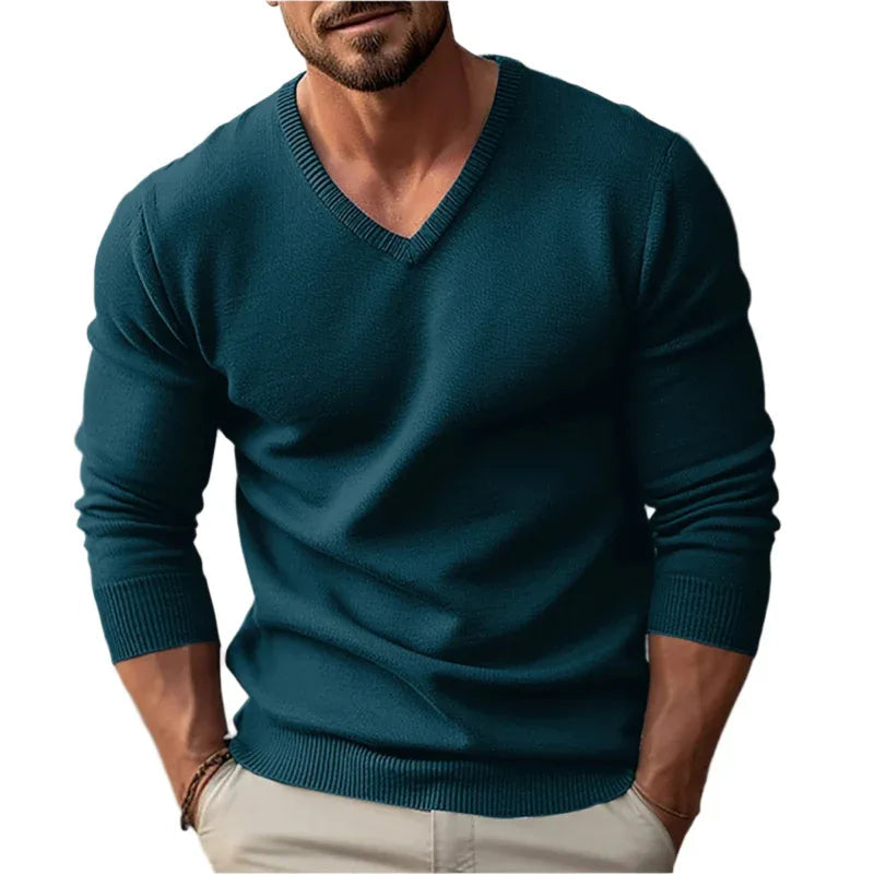 Knitted V-Neck Slim Fit Long Sleeve Sweater For Men