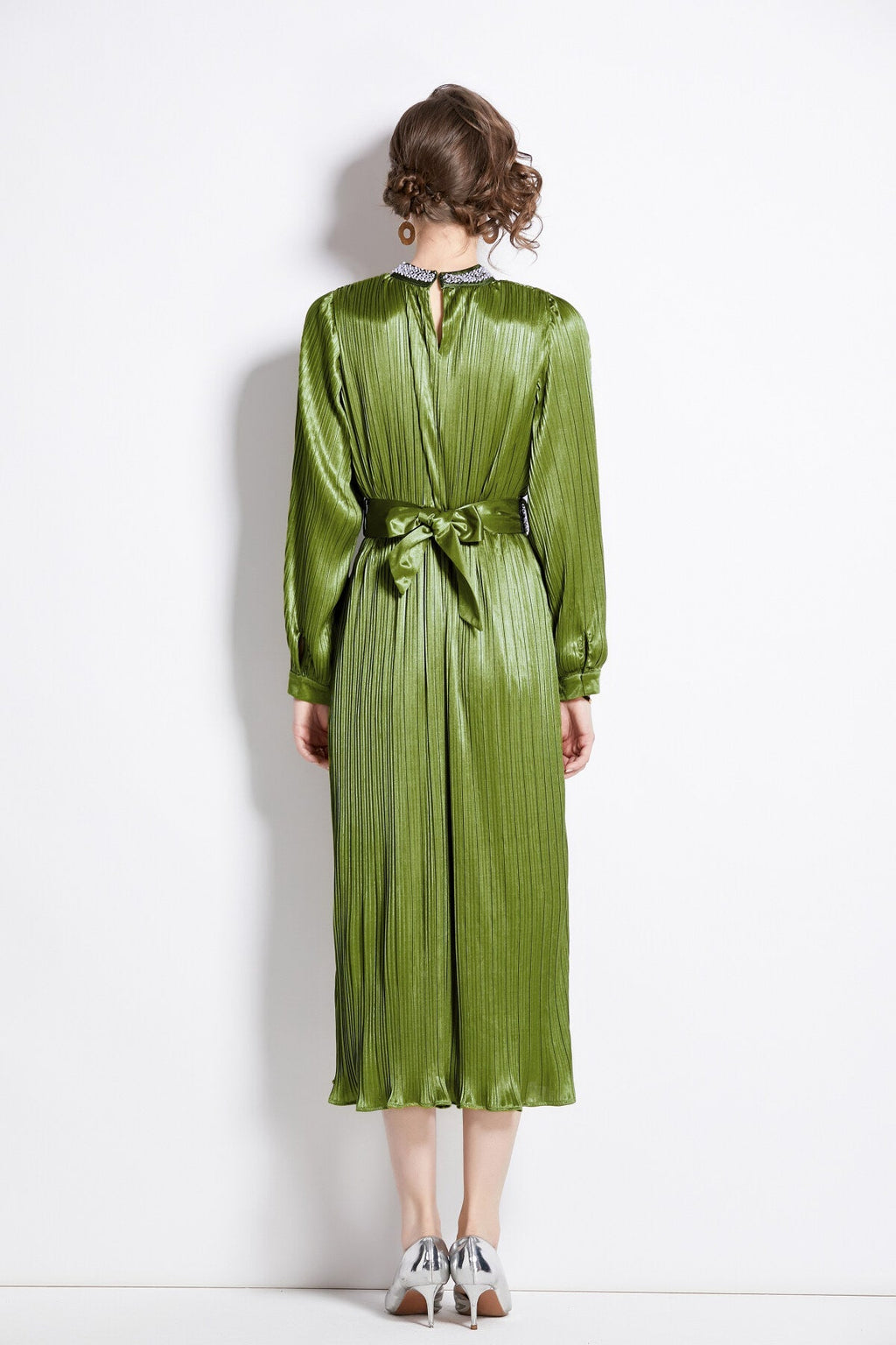 Lantern Sleeve Waist Tie Heavily Beaded Pleated Dress