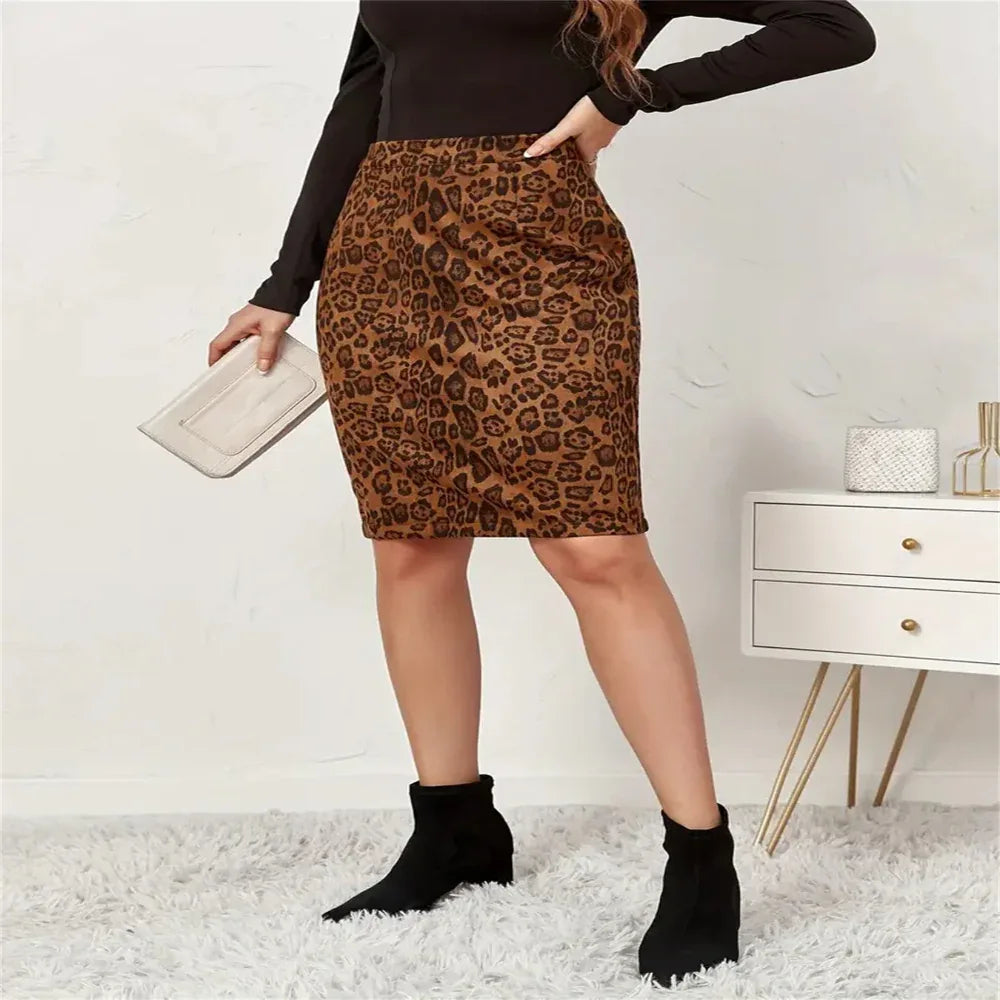 Leopard Print Faux Suede High Waist Knee Length Pencil Skirt Women's Clothing