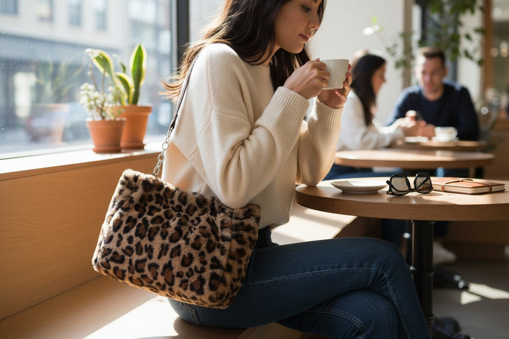 Handväska i veganskt läder, leopardmönster, justerbar axelrem