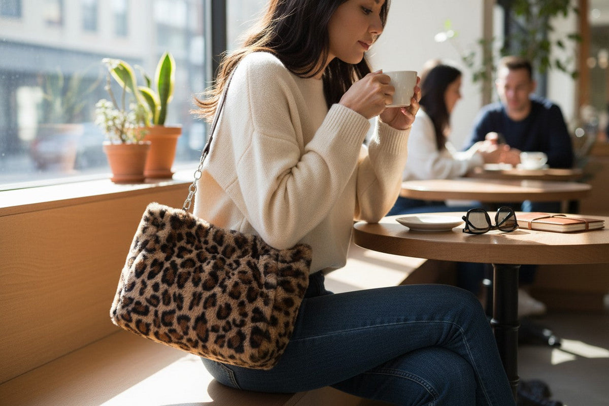 Handväska i veganskt läder, leopardmönster, justerbar axelrem