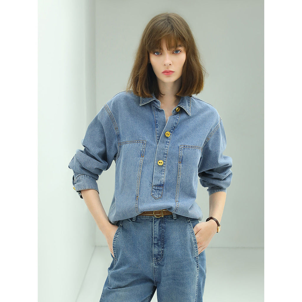 Long Sleeved Blue Denim Shirt with Contrasting Mustard Buttons-1