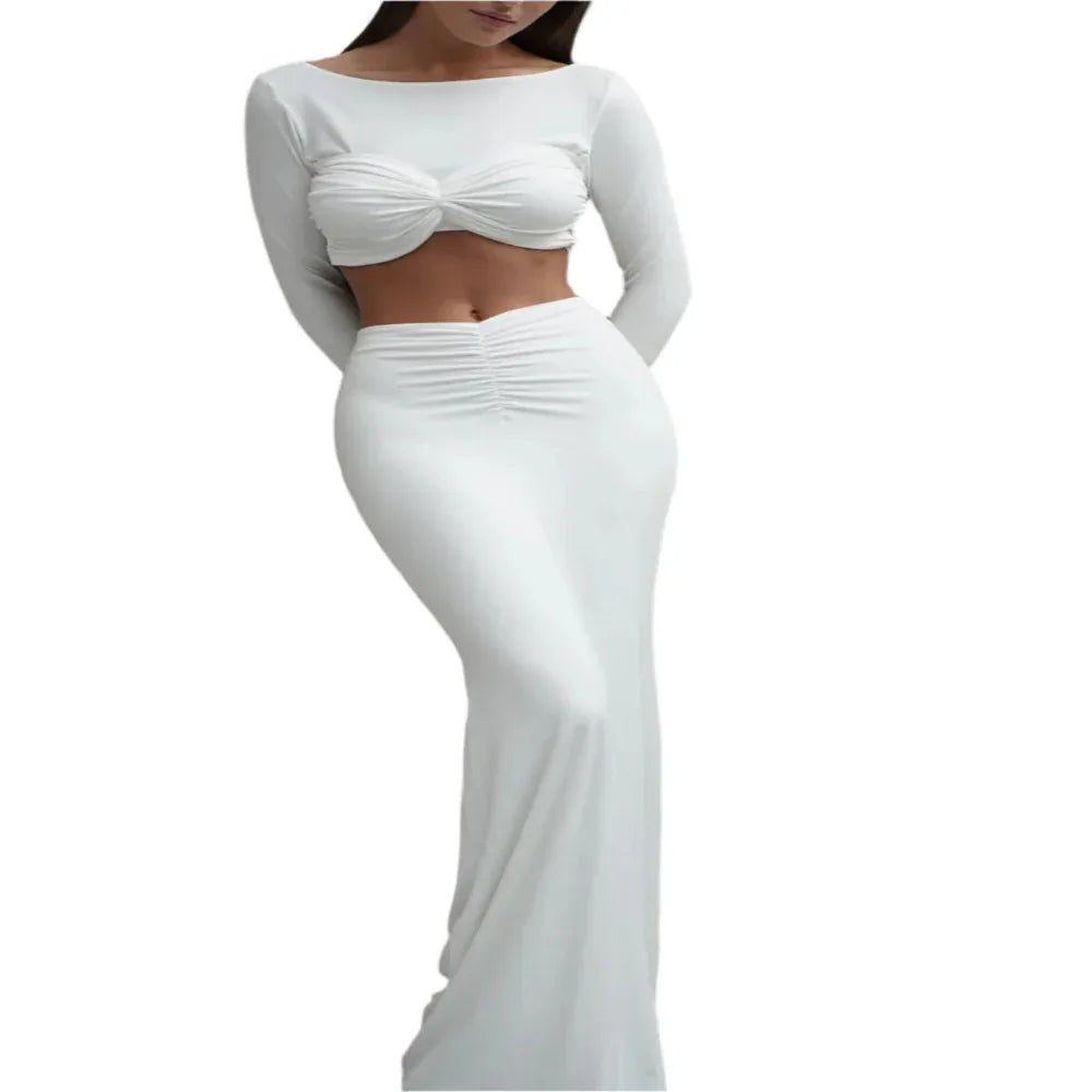 Long-Sleeved Crop Top & Shirred Maxi Skirt Two-Piece Set