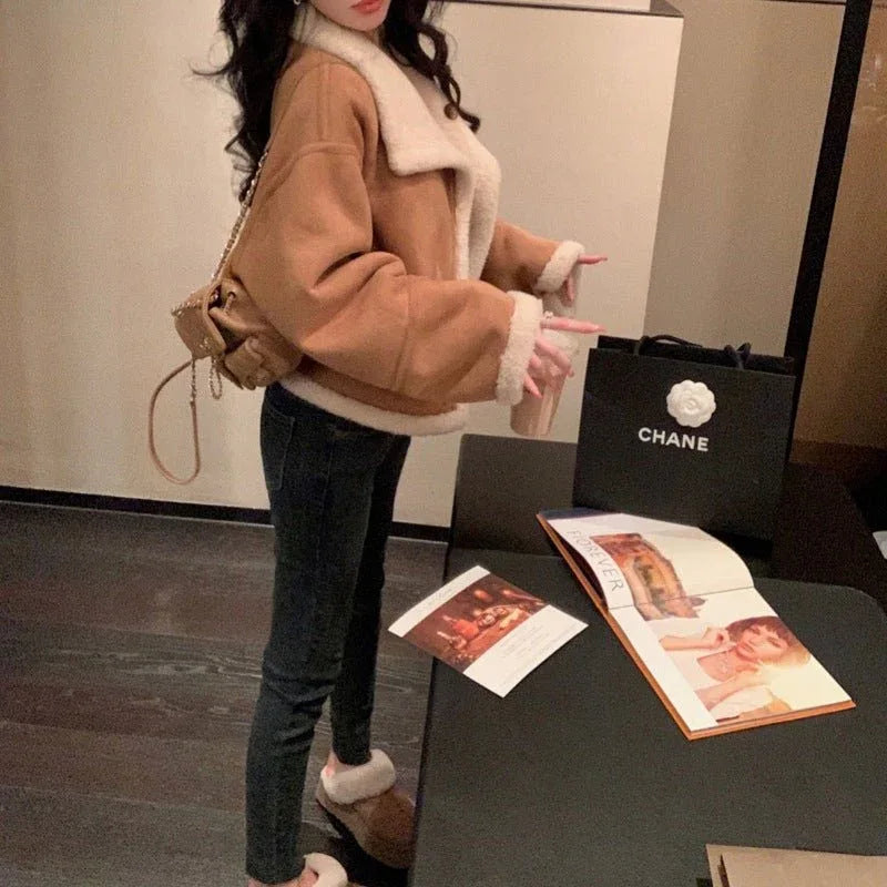 Loose Fit Lapel Collar Stitching Thickening Jacket For Women