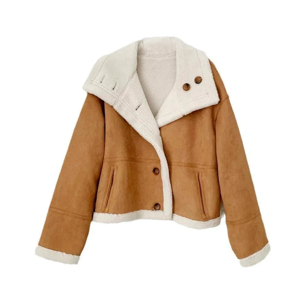 Loose Fit Lapel Collar Stitching Thickening Jacket For Women