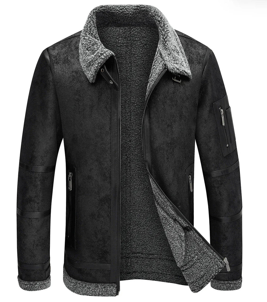 Men's Fleece-Lined Thickened Fur Suede Leather Winter Jacket