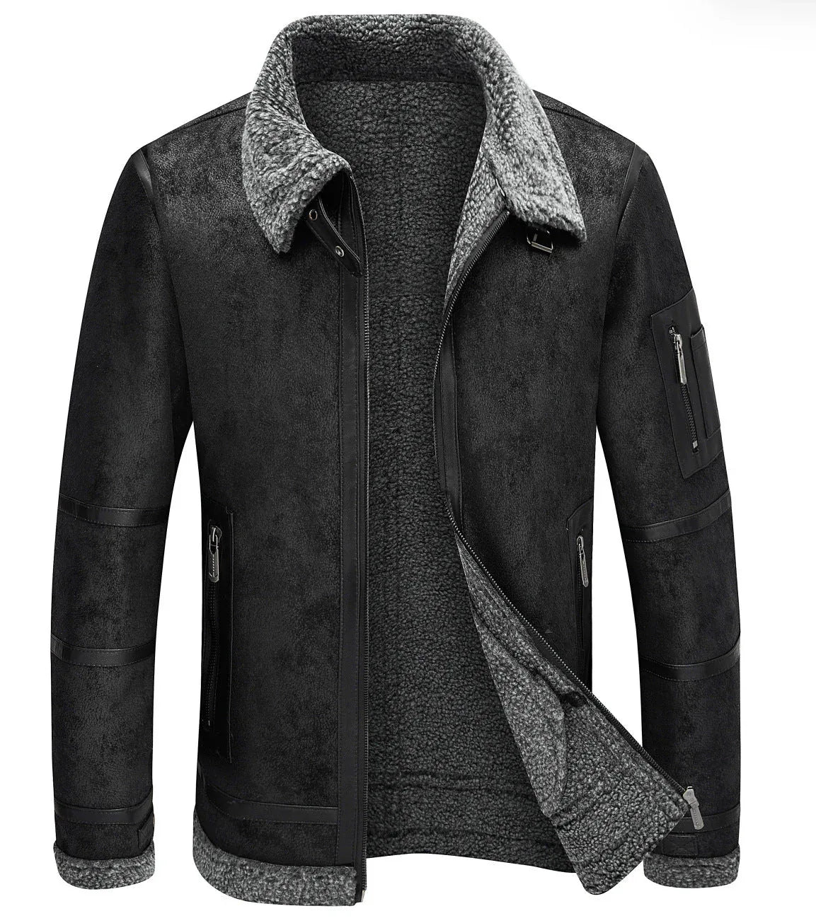 Men's Fleece-Lined Thickened Fur Suede Leather Winter Jacket